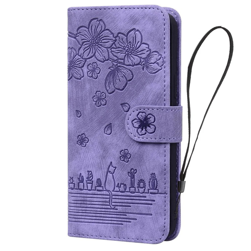 For iPhone 13 6.1 inch Shockproof Wallet Case Cherry Blossom Cat Imprinted PU Leather Stand Flip Cover with Strap - Purple - 5