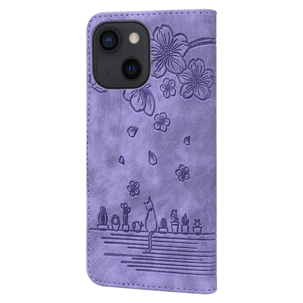For iPhone 13 6.1 inch Shockproof Wallet Case Cherry Blossom Cat Imprinted PU Leather Stand Flip Cover with Strap - Purple - 6