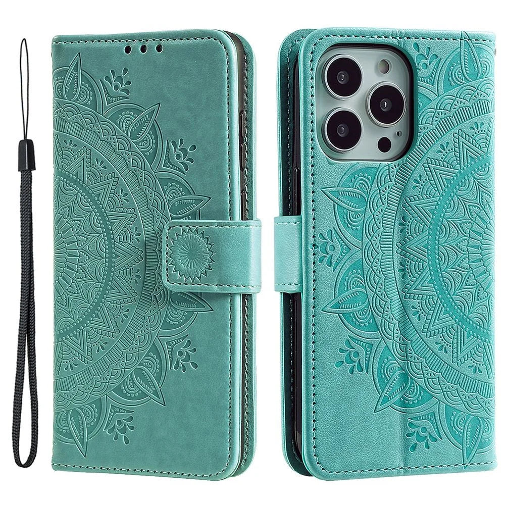 For iPhone 14 Pro Max 6.7 inch Mandala Flower Pattern Imprinted PU Leather Wallet Flip Cover TPU Inner Wrist Strap Folio Stand Cover - Green - 1