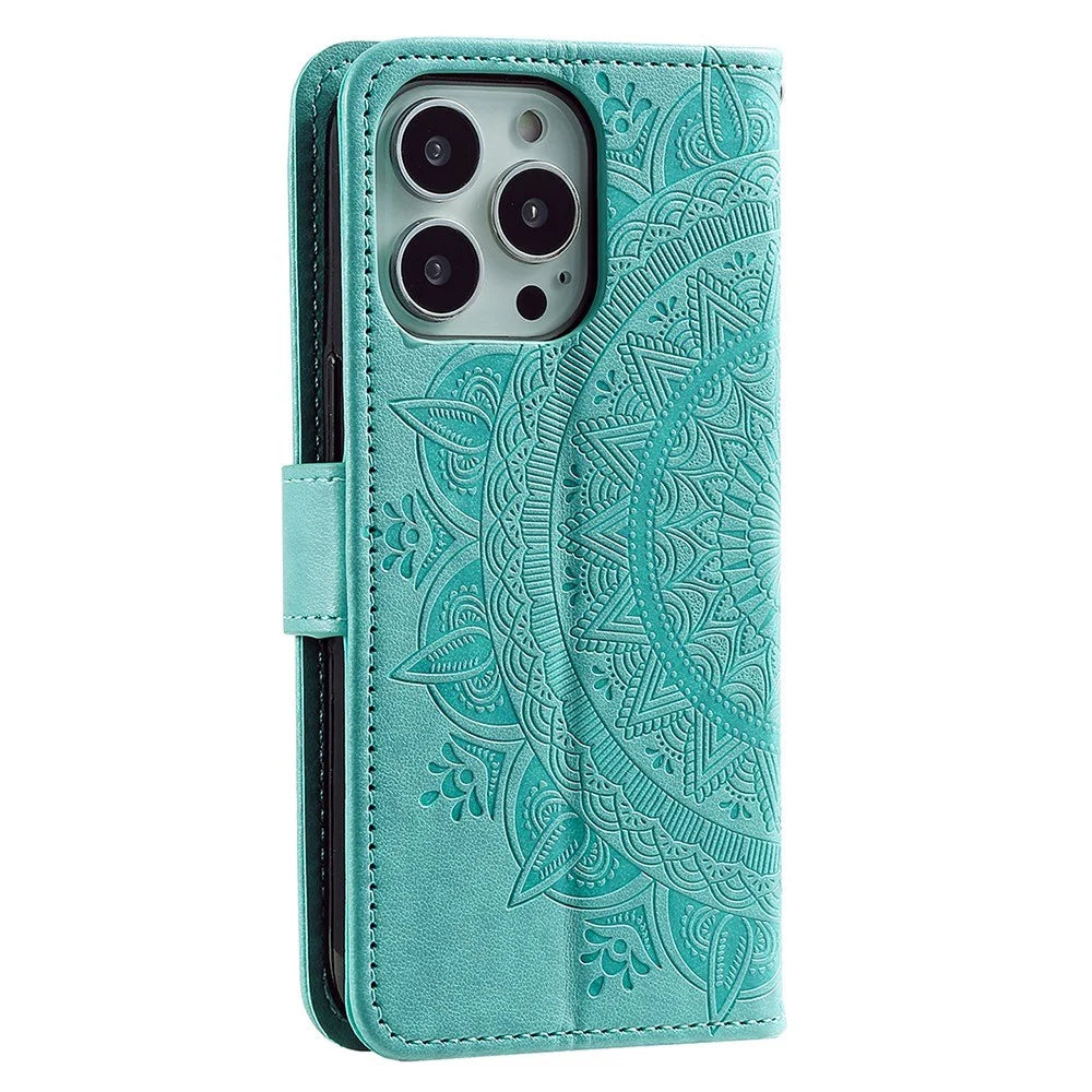 For iPhone 14 Pro Max 6.7 inch Mandala Flower Pattern Imprinted PU Leather Wallet Flip Cover TPU Inner Wrist Strap Folio Stand Cover - Green - 6