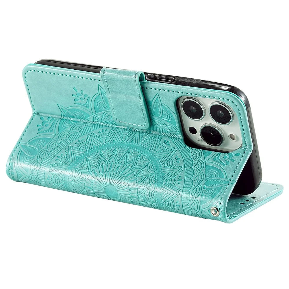 For iPhone 14 Pro 6.1 inch Mandala Flower Pattern Imprinted PU Leather Wallet Case Magnetic Closure Stand Soft TPU Book Cover - Green - 4