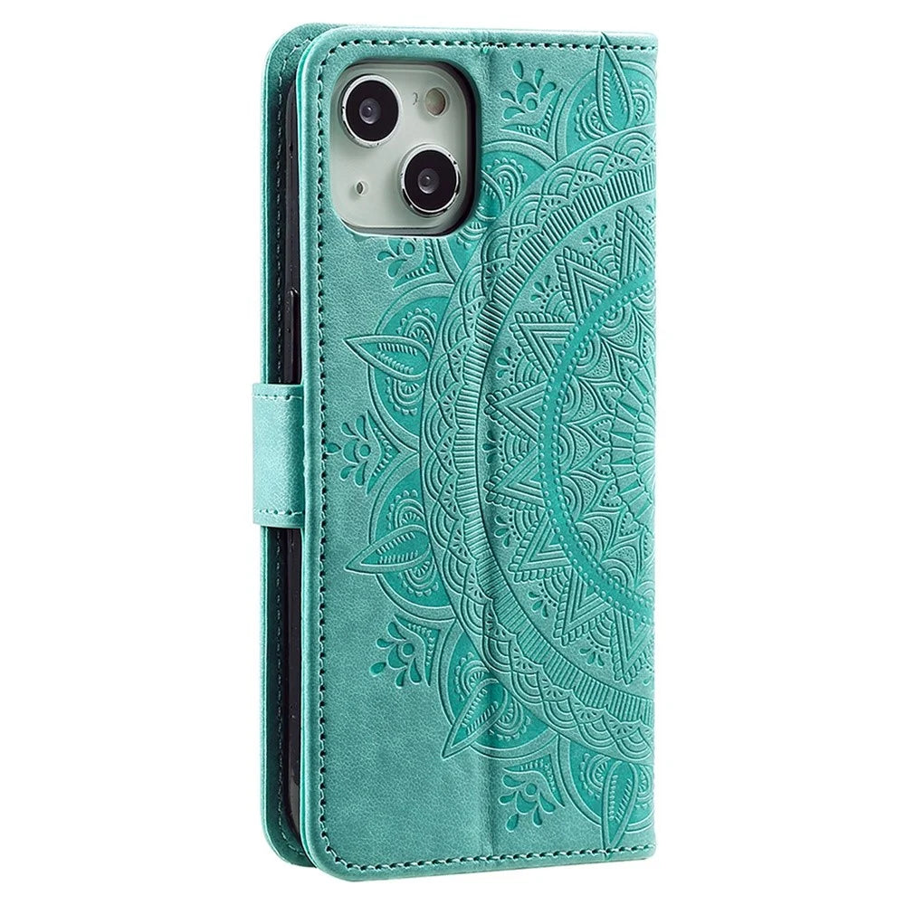 For iPhone 14 Plus 6.7 inch Wallet Case Imprinted Mandala Flower Pattern PU Leather Wrist Strap Stand Feature Flip Cover - Green - 6