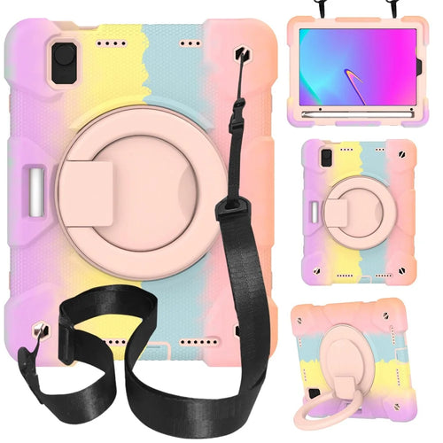 For iPad mini (2024) / mini (2021) Kickstand Colorful Tablet Case Hard PC + Soft Silicone Hybrid Shockproof Cover with Pencil Holder and Shoulder Strap - Colorful Rose Gold - 1