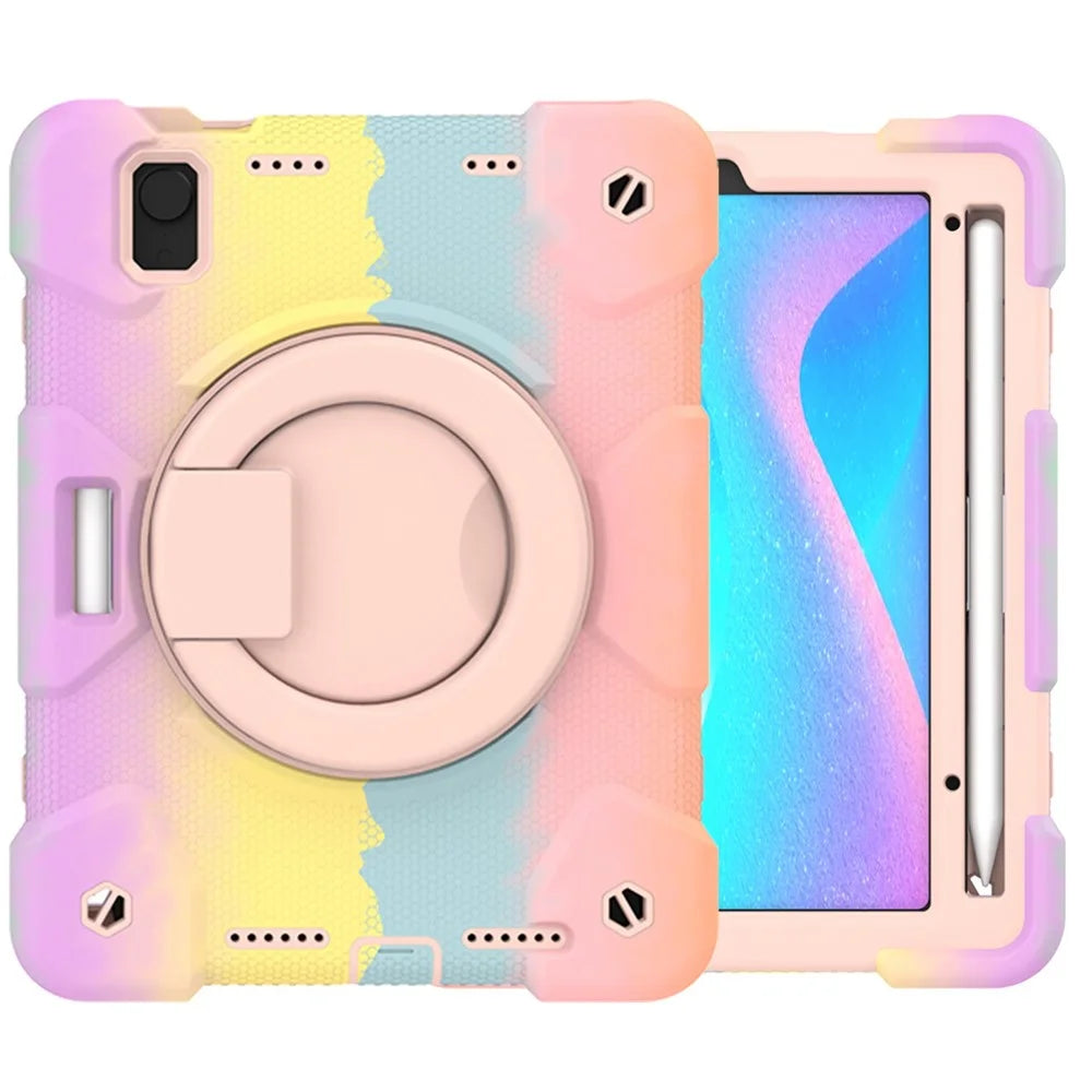 For iPad mini (2024) / mini (2021) Kickstand Colorful Tablet Case Hard PC + Soft Silicone Hybrid Shockproof Cover with Pencil Holder and Shoulder Strap - Colorful Rose Gold - 3