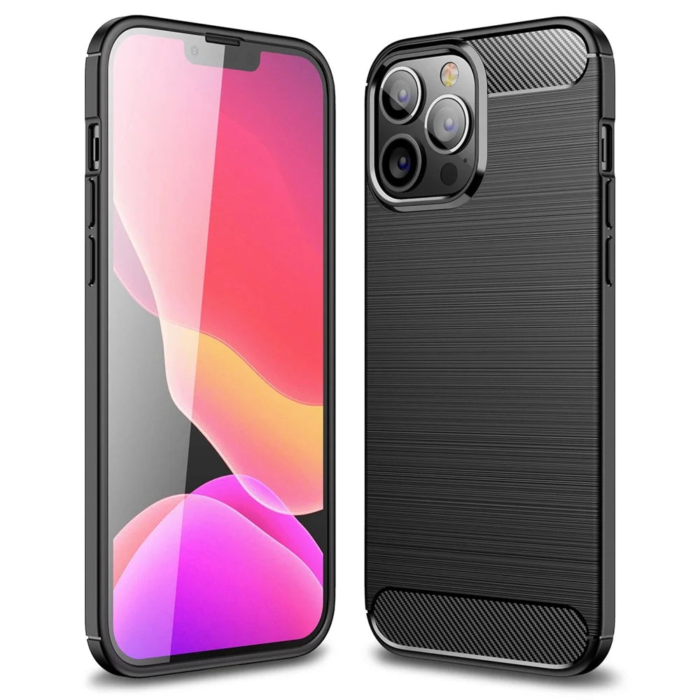 For iPhone 14 Pro Max 6.7 inch Carbon Fiber Texture Brushed Surface Case Soft Skin TPU Slim Fit Shockproof Phone Cover - Black - 1