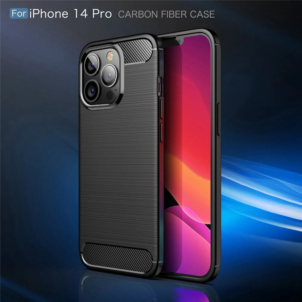 For iPhone 14 Pro Max 6.7 inch Carbon Fiber Texture Brushed Surface Case Soft Skin TPU Slim Fit Shockproof Phone Cover - Black - 2