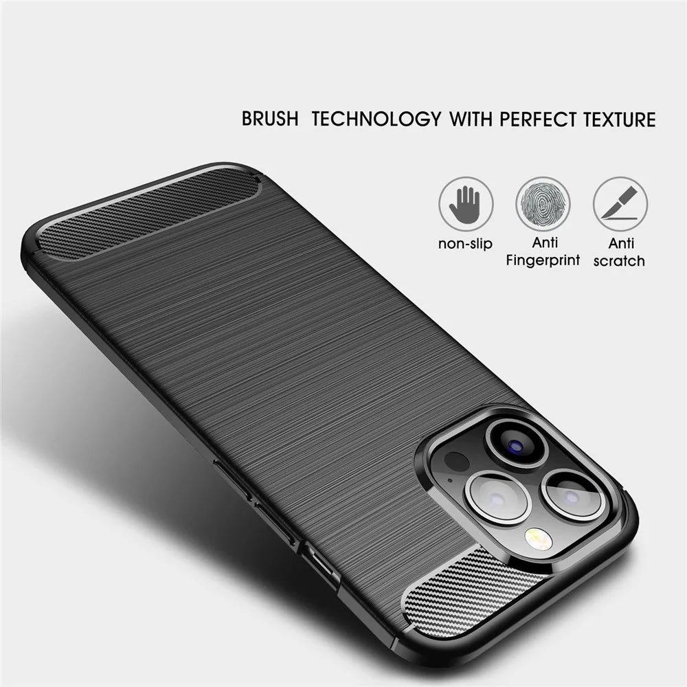 For iPhone 14 Pro Max 6.7 inch Carbon Fiber Texture Brushed Surface Case Soft Skin TPU Slim Fit Shockproof Phone Cover - Black - 3