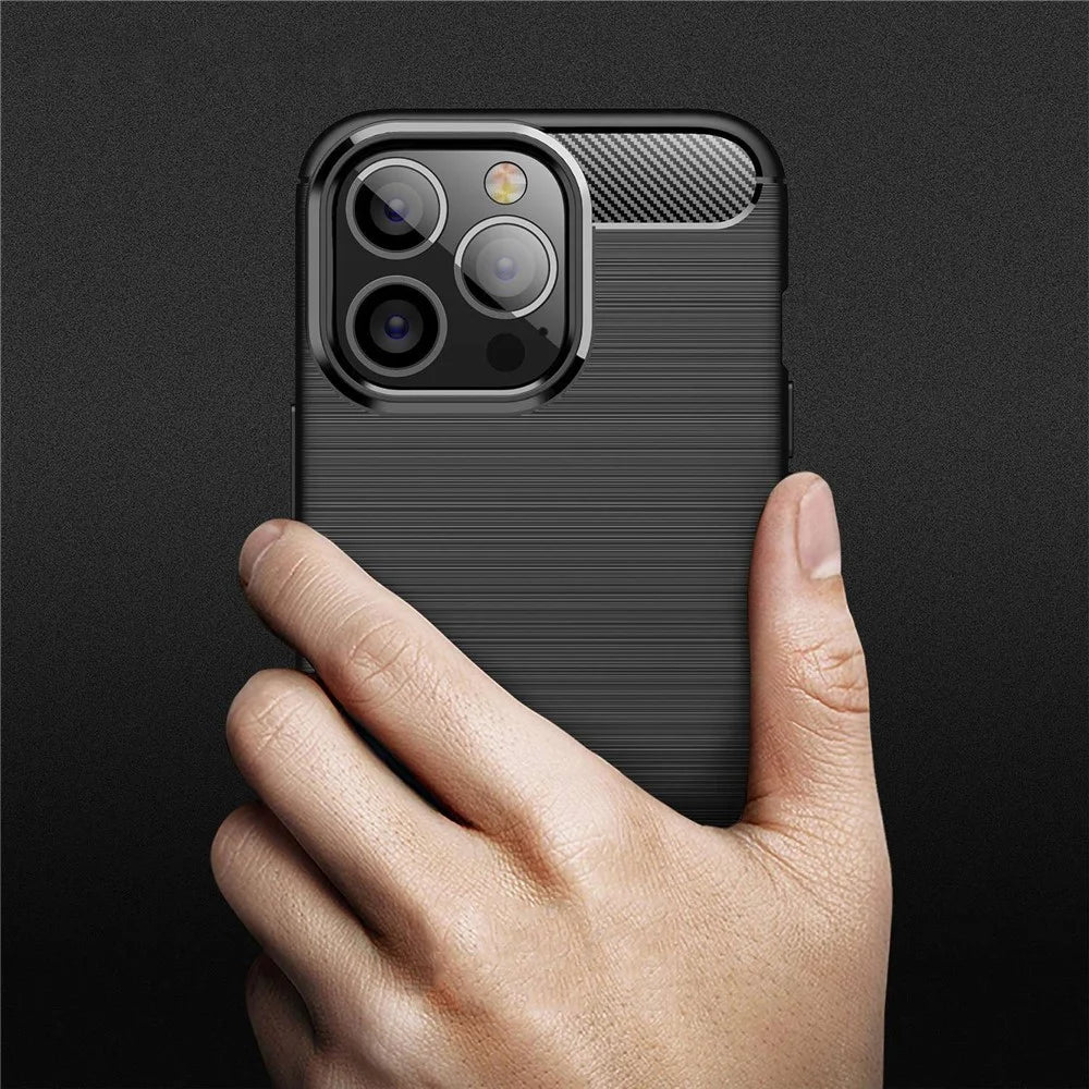 For iPhone 14 Pro Max 6.7 inch Carbon Fiber Texture Brushed Surface Case Soft Skin TPU Slim Fit Shockproof Phone Cover - Black - 7