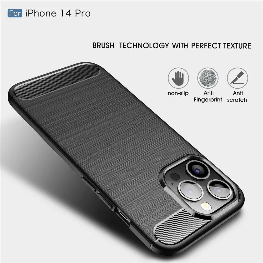 For iPhone 14 Pro 6.1 inch Brushed Carbon Fiber Texture Anti-Fingerprint Case Soft TPU Anti-Scratch Protective Cover- Black - 4