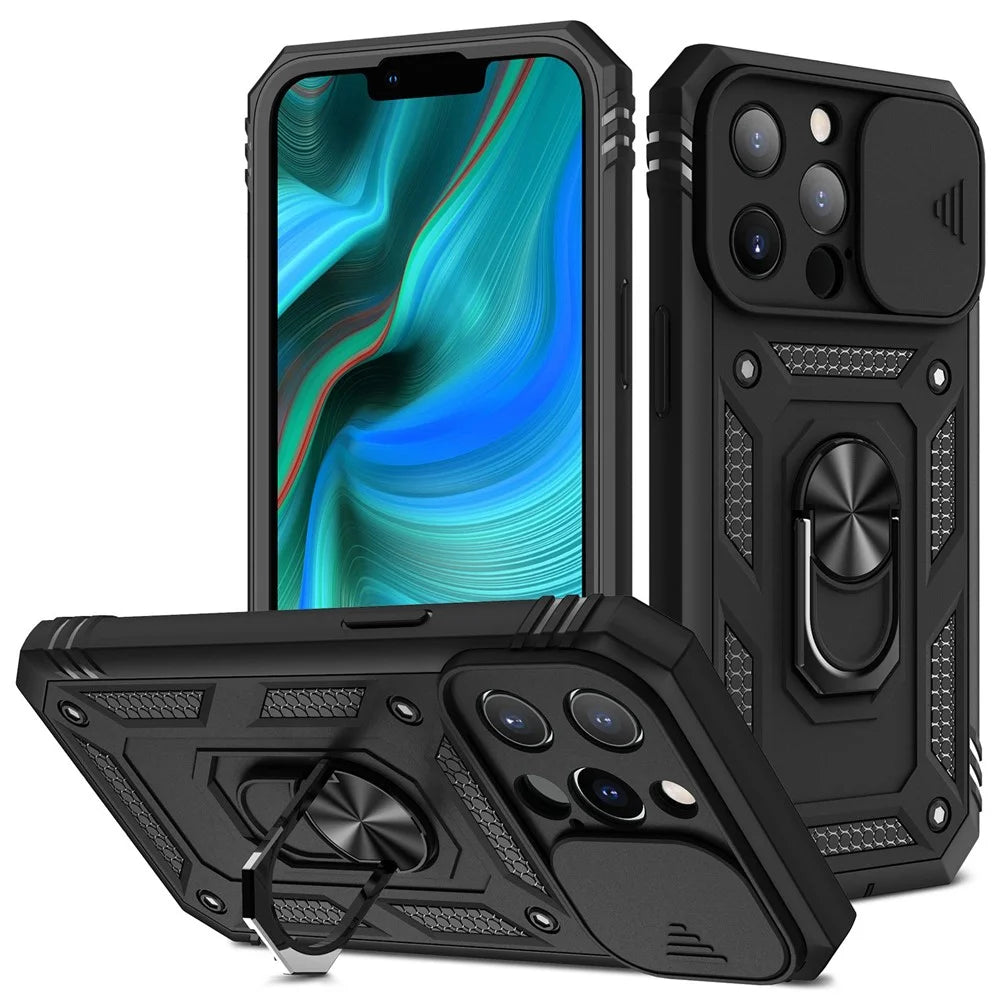 For iPhone 13 Pro Max 6.7 inch Card Clot Sliding Camera Cover Design PC+TPU Phone Case with Built-in Kickstand - Black - 1