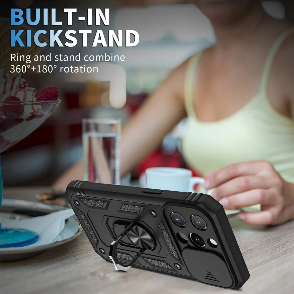 For iPhone 13 Pro Max 6.7 inch Card Clot Sliding Camera Cover Design PC+TPU Phone Case with Built-in Kickstand - Black - 2