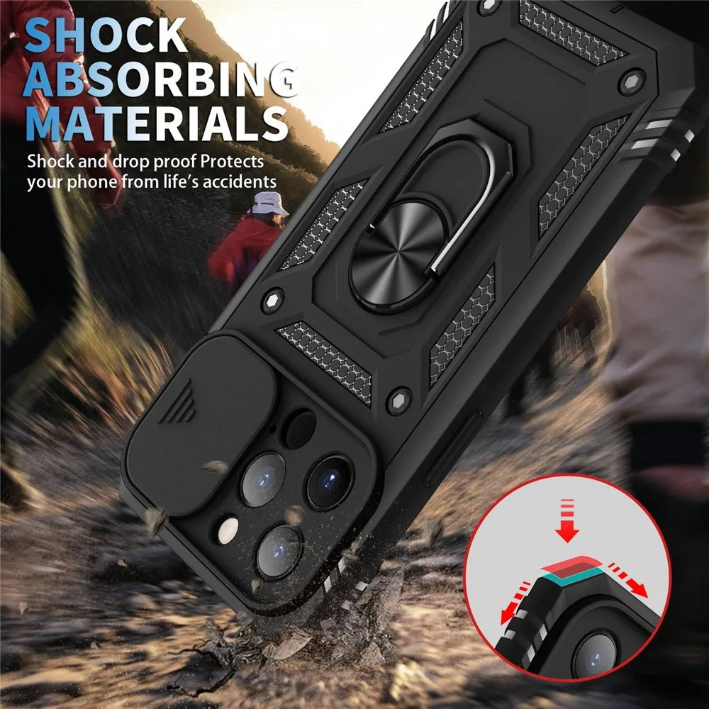 For iPhone 13 Pro Max 6.7 inch Card Clot Sliding Camera Cover Design PC+TPU Phone Case with Built-in Kickstand - Black - 3