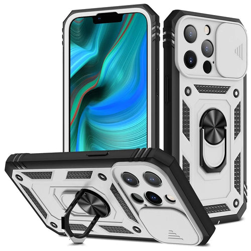 For iPhone 13 Pro 6.1 inch Built-in Kickstand Sliding Camera Cover PC+TPU Wear-resistant Phone Case Protector with Card Clot - White/Black - 1
