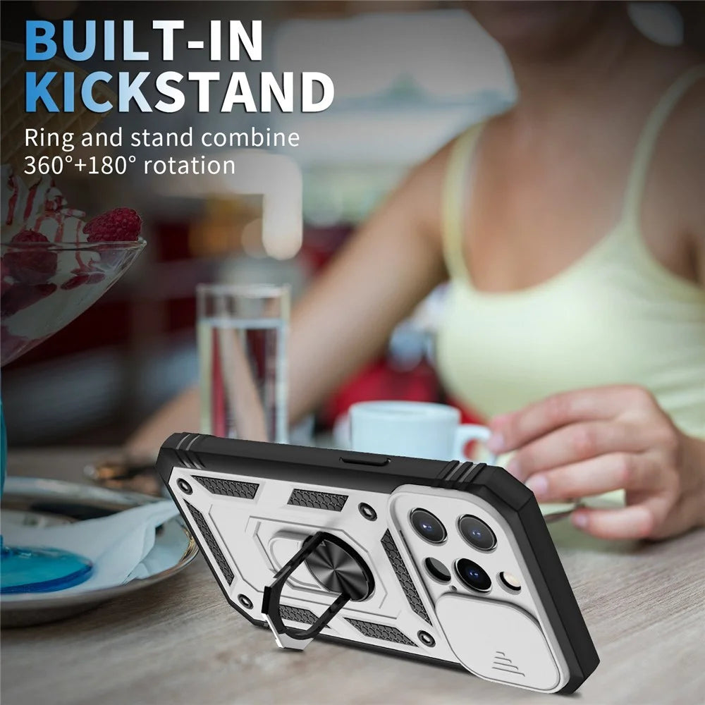 For iPhone 13 Pro 6.1 inch Built-in Kickstand Sliding Camera Cover PC+TPU Wear-resistant Phone Case Protector with Card Clot - White/Black - 2