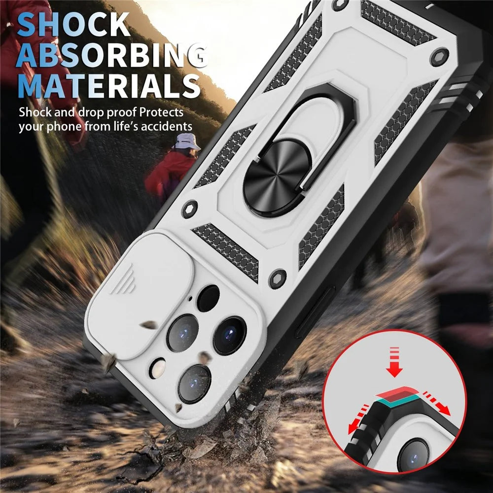 For iPhone 13 Pro 6.1 inch Built-in Kickstand Sliding Camera Cover PC+TPU Wear-resistant Phone Case Protector with Card Clot - White/Black - 3