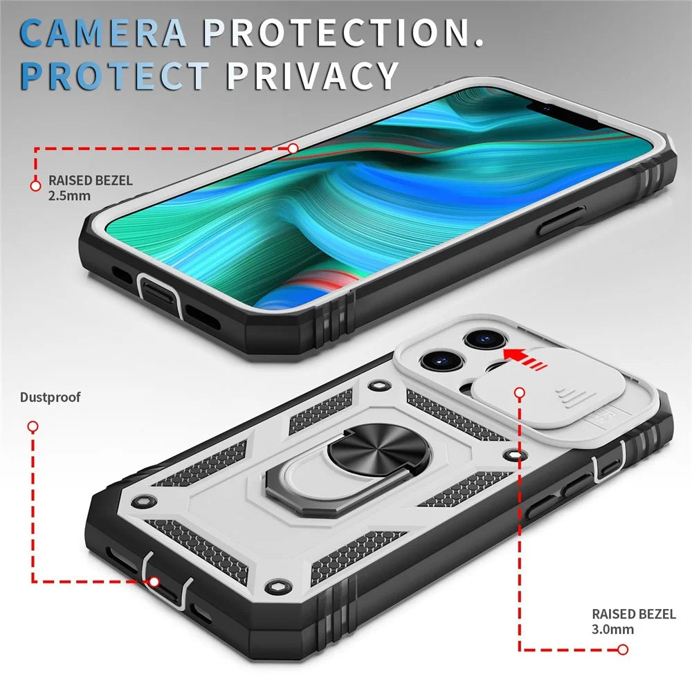 For iPhone 13 Pro 6.1 inch Built-in Kickstand Sliding Camera Cover PC+TPU Wear-resistant Phone Case Protector with Card Clot - White/Black - 4