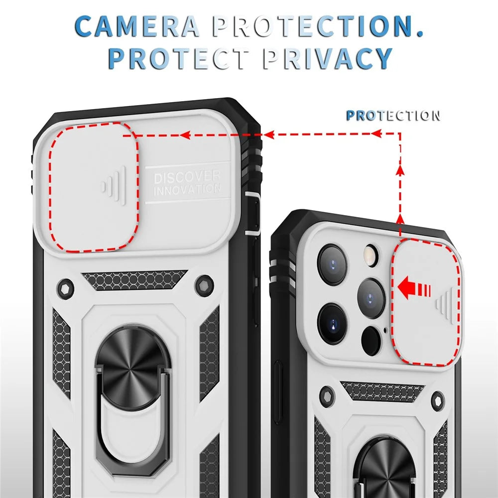For iPhone 13 Pro 6.1 inch Built-in Kickstand Sliding Camera Cover PC+TPU Wear-resistant Phone Case Protector with Card Clot - White/Black - 5