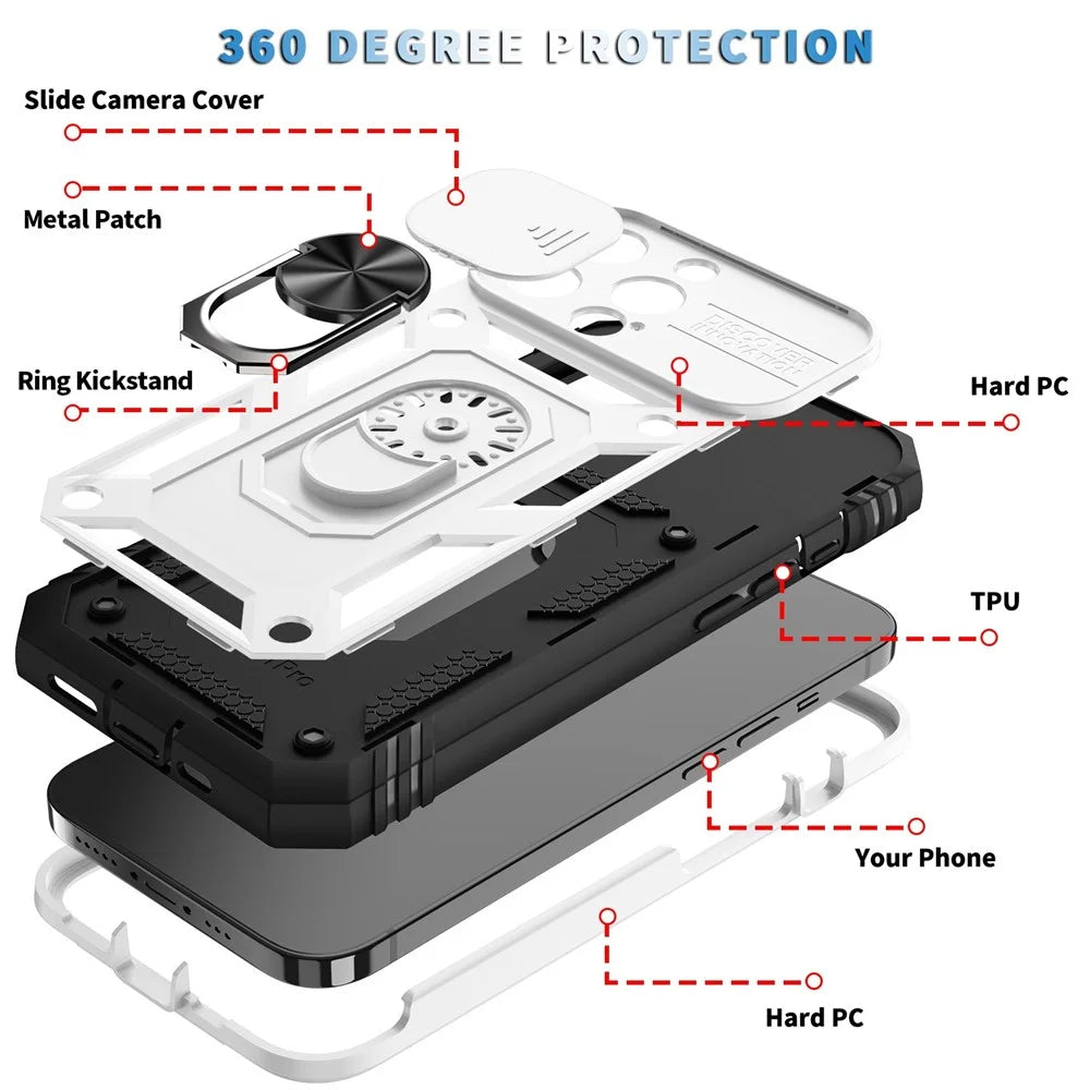 For iPhone 13 Pro 6.1 inch Built-in Kickstand Sliding Camera Cover PC+TPU Wear-resistant Phone Case Protector with Card Clot - White/Black - 6
