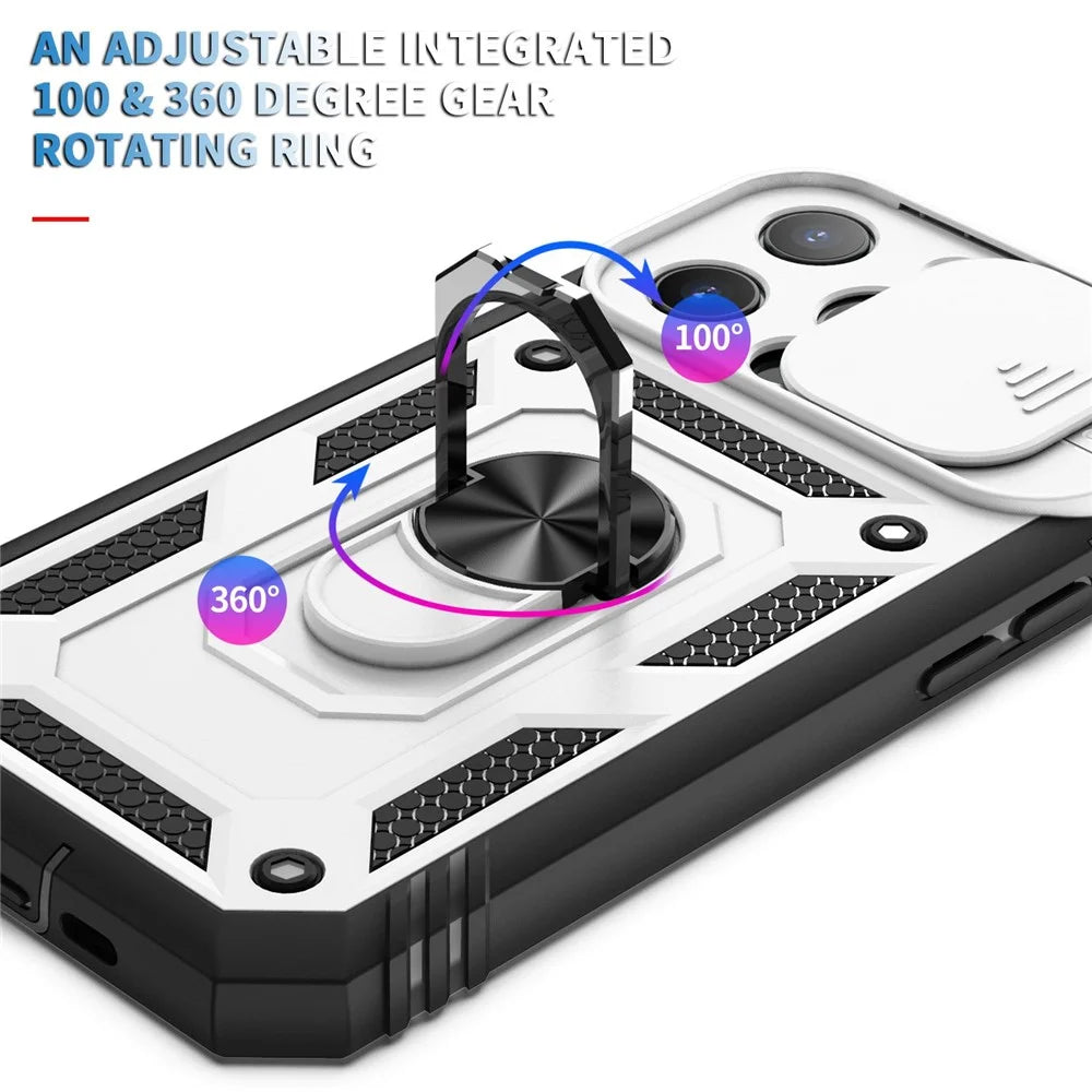 For iPhone 13 Pro 6.1 inch Built-in Kickstand Sliding Camera Cover PC+TPU Wear-resistant Phone Case Protector with Card Clot - White/Black - 7