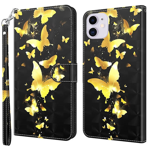 For iPhone 14 6.1 inch Shockproof PU Leather Phone Case Stand 3D Pattern Printed Magnet Closure Wallet Full Protection Phone Cover with Strap - Golden Butterflies - 1