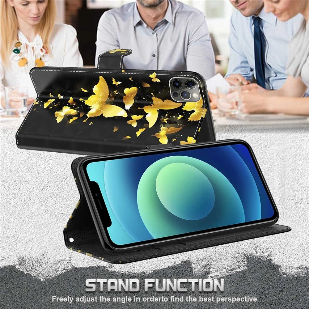 For iPhone 14 6.1 inch Shockproof PU Leather Phone Case Stand 3D Pattern Printed Magnet Closure Wallet Full Protection Phone Cover with Strap - Golden Butterflies - 2