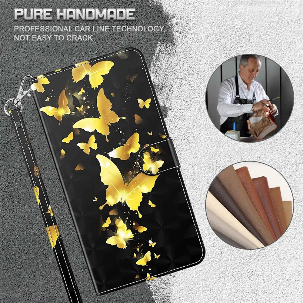 For iPhone 14 6.1 inch Shockproof PU Leather Phone Case Stand 3D Pattern Printed Magnet Closure Wallet Full Protection Phone Cover with Strap - Golden Butterflies - 5