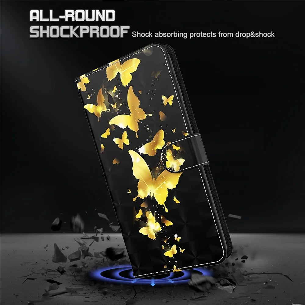 For iPhone 14 6.1 inch Shockproof PU Leather Phone Case Stand 3D Pattern Printed Magnet Closure Wallet Full Protection Phone Cover with Strap - Golden Butterflies - 6