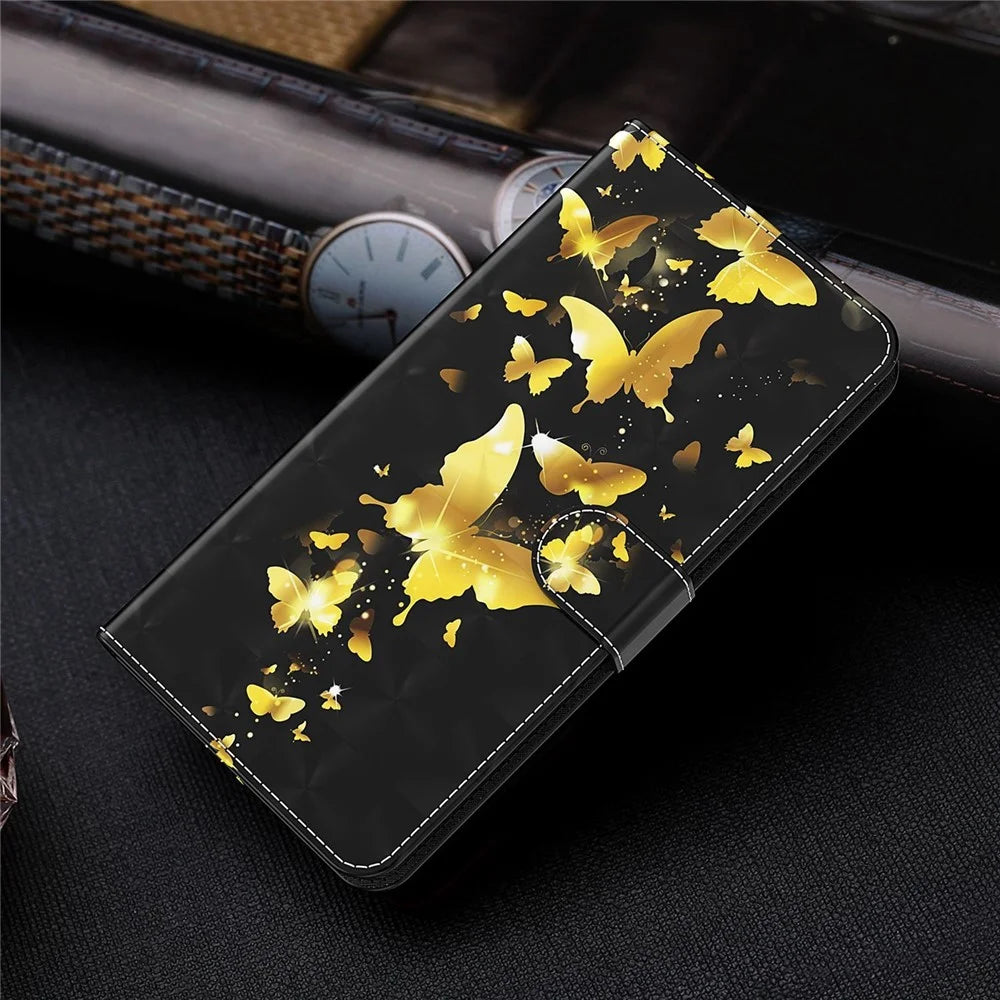 For iPhone 14 6.1 inch Shockproof PU Leather Phone Case Stand 3D Pattern Printed Magnet Closure Wallet Full Protection Phone Cover with Strap - Golden Butterflies - 7