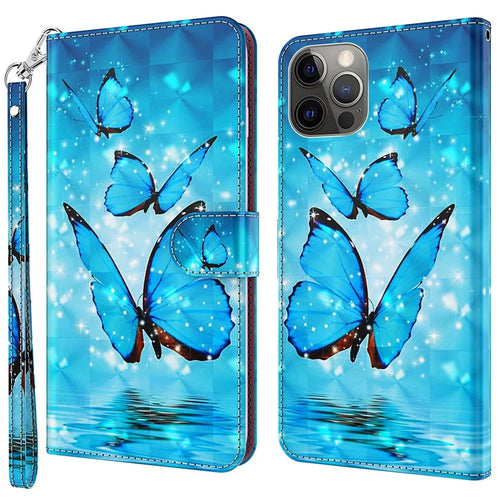 For iPhone 14 Pro Max 6.7 inch Shockproof PU Leather Phone Case Stand 3D Pattern Printed Magnet Closure Wallet Phone Cover with Strap - Blue Butterflies - 1