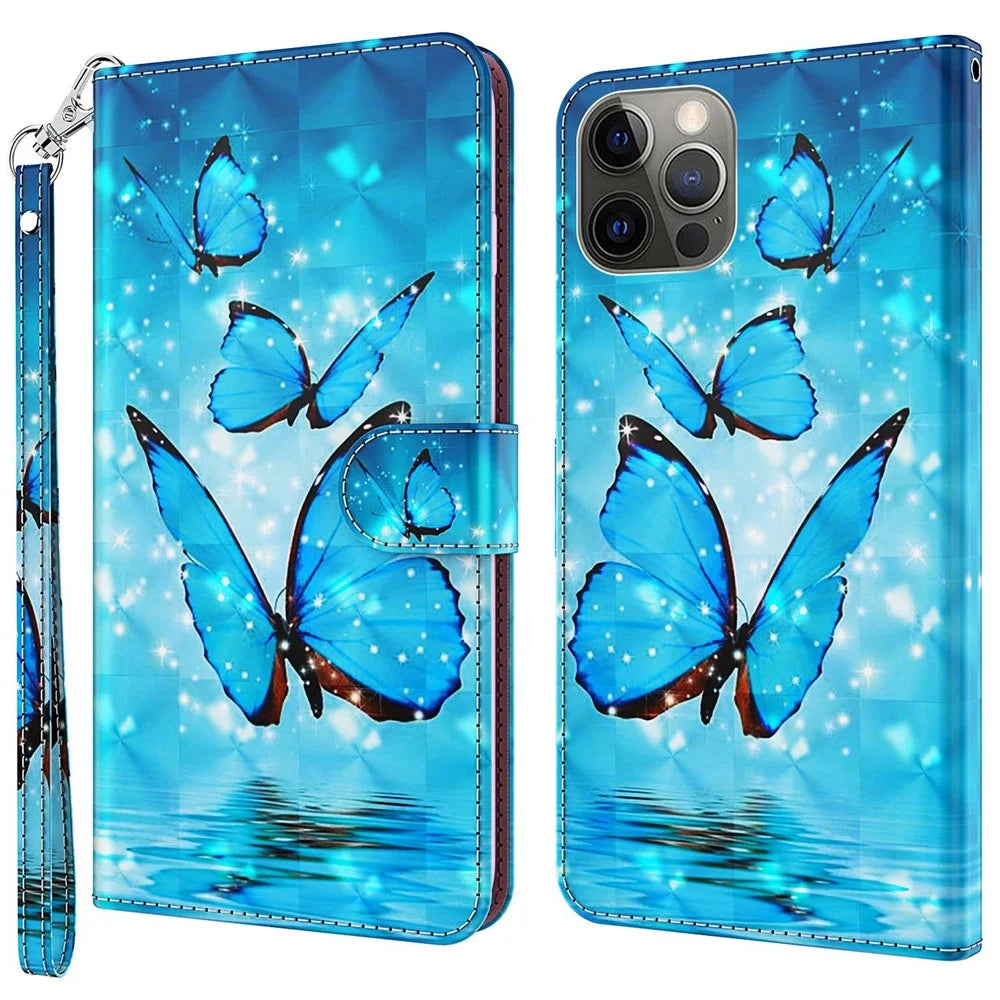 For iPhone 14 Pro Max 6.7 inch Shockproof PU Leather Phone Case Stand 3D Pattern Printed Magnet Closure Wallet Phone Cover with Strap - Blue Butterflies - 1