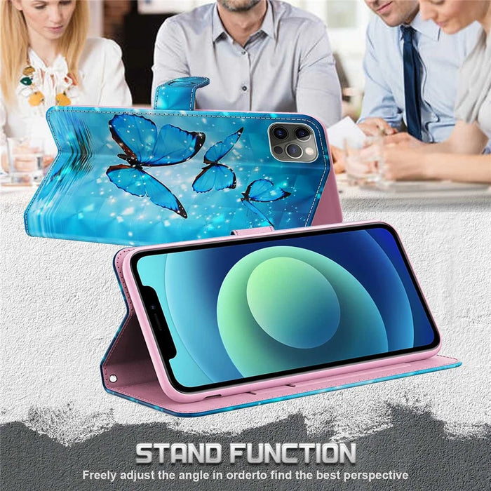 For iPhone 14 Pro Max 6.7 inch Shockproof PU Leather Phone Case Stand 3D Pattern Printed Magnet Closure Wallet Phone Cover with Strap - Blue Butterflies - 2