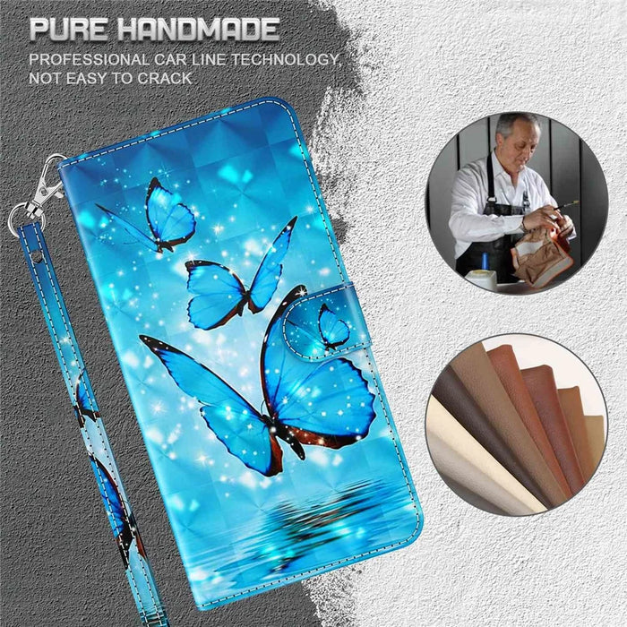For iPhone 14 Pro Max 6.7 inch Shockproof PU Leather Phone Case Stand 3D Pattern Printed Magnet Closure Wallet Phone Cover with Strap - Blue Butterflies - 5