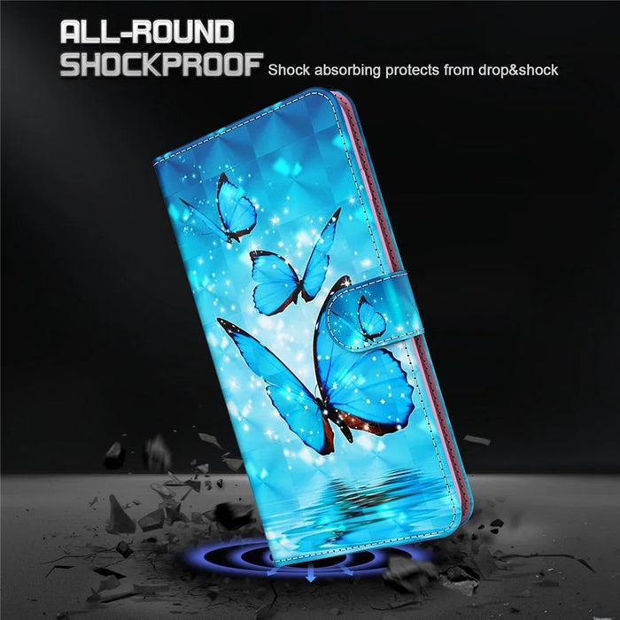 For iPhone 14 Pro Max 6.7 inch Shockproof PU Leather Phone Case Stand 3D Pattern Printed Magnet Closure Wallet Phone Cover with Strap - Blue Butterflies - 6
