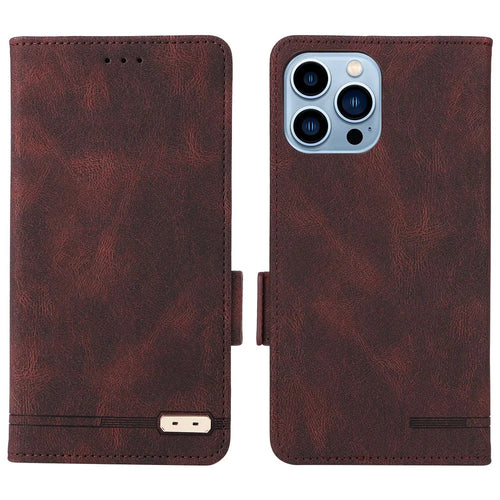 Hardware Design Phone Case for iPhone 14 Pro Max 6.7 inch, PU Leather Well Protection Flip Case Anti-drop Wallet Stand Shell - Coffee - 1