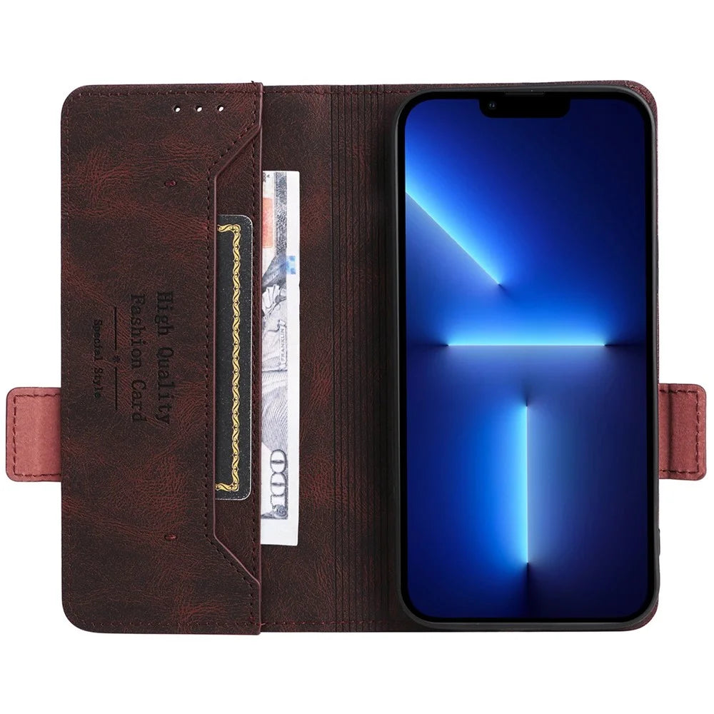 Hardware Design Phone Case for iPhone 14 Pro Max 6.7 inch, PU Leather Well Protection Flip Case Anti-drop Wallet Stand Shell - Coffee - 2