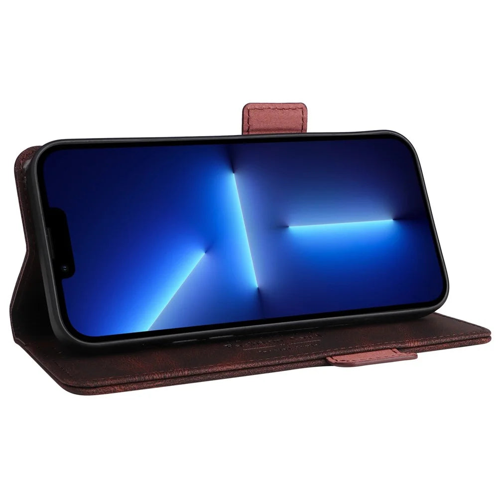 Hardware Design Phone Case for iPhone 14 Pro Max 6.7 inch, PU Leather Well Protection Flip Case Anti-drop Wallet Stand Shell - Coffee - 3