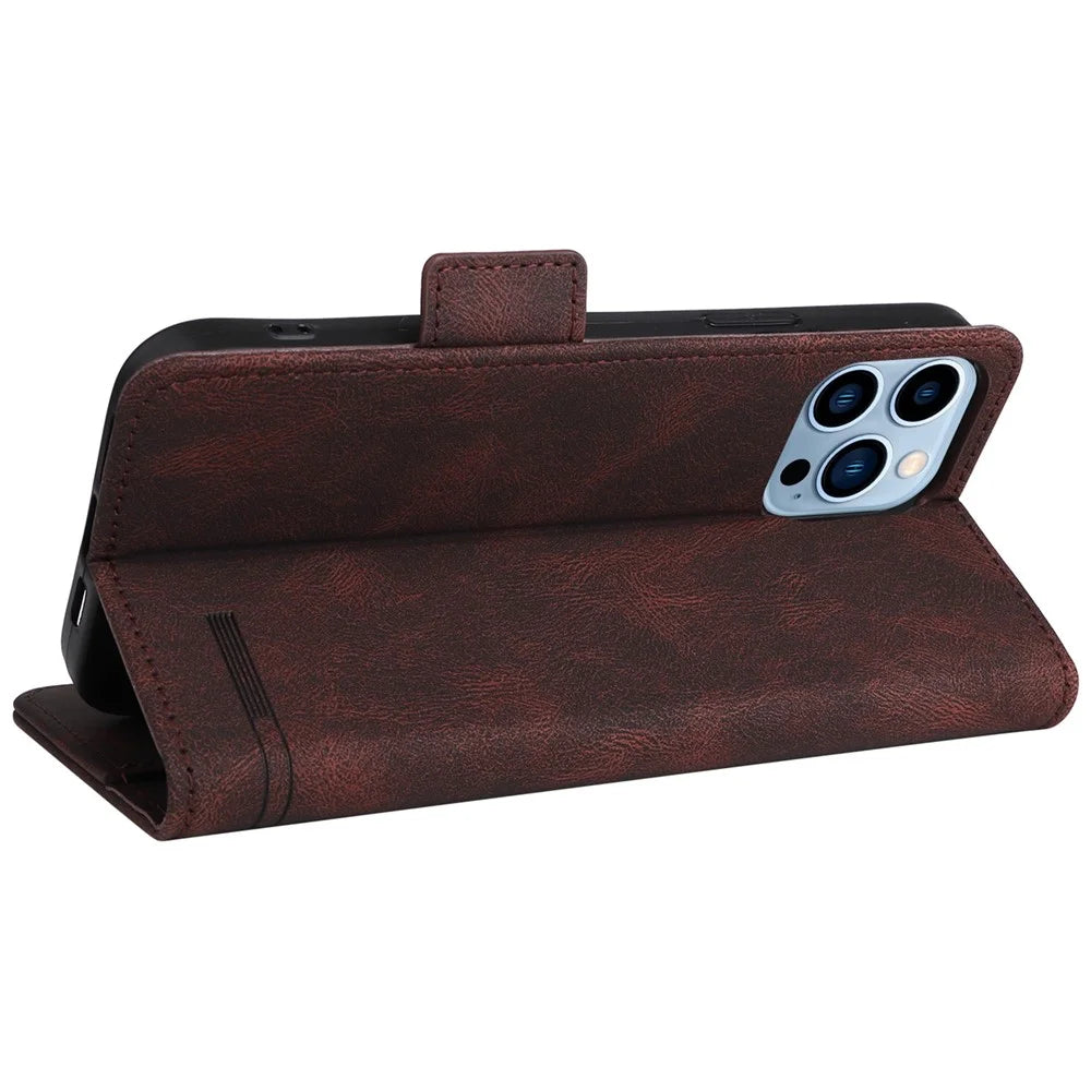 Hardware Design Phone Case for iPhone 14 Pro Max 6.7 inch, PU Leather Well Protection Flip Case Anti-drop Wallet Stand Shell - Coffee - 4
