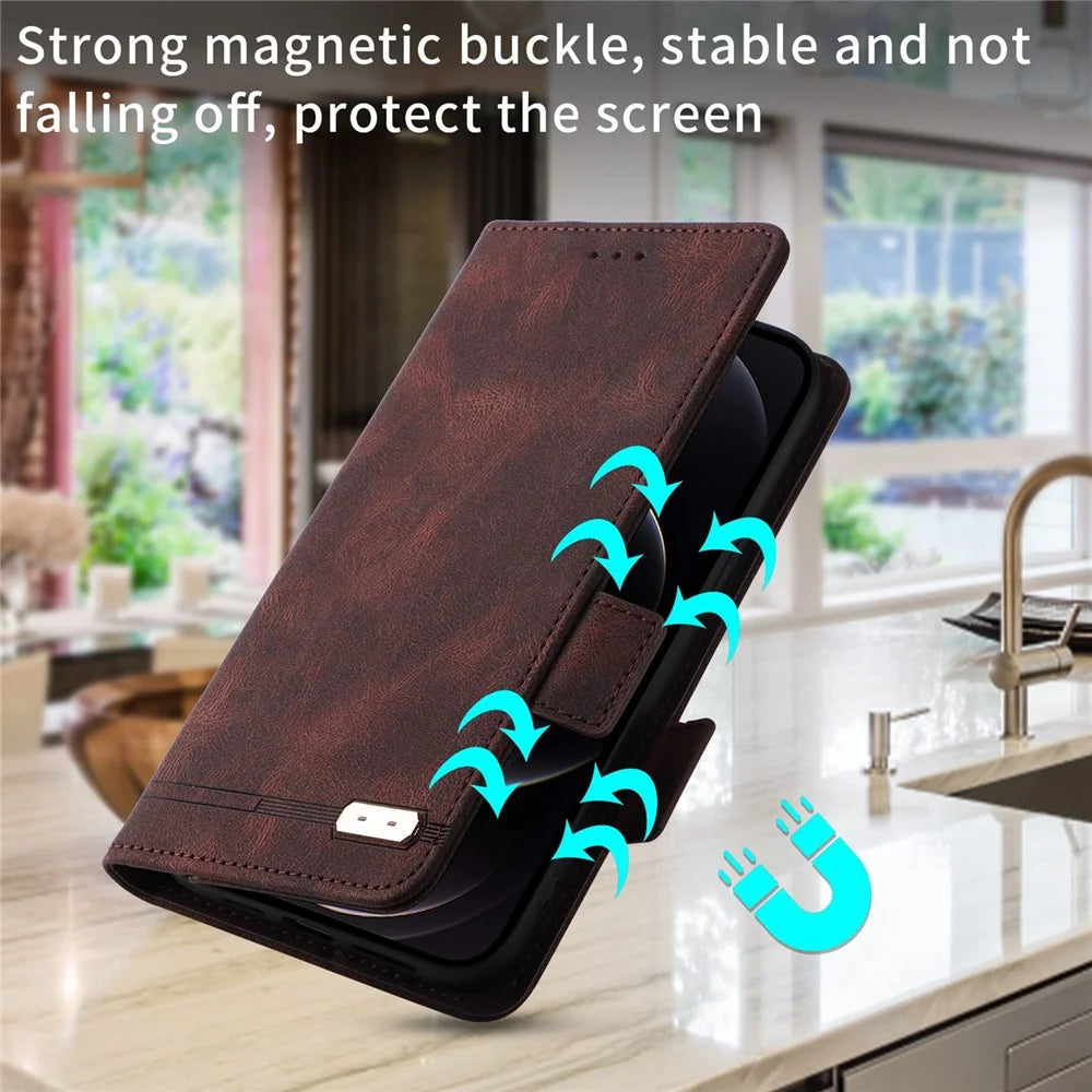 Hardware Design Phone Case for iPhone 14 Pro Max 6.7 inch, PU Leather Well Protection Flip Case Anti-drop Wallet Stand Shell - Coffee - 6