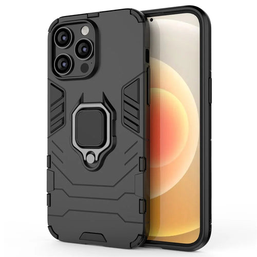 For iPhone 14 Pro Max 6.7 inch Anti-drop Soft TPU + Hard PC Hybrid Case Shockproof Phone Cover with Ring Kickstand - Black - 1
