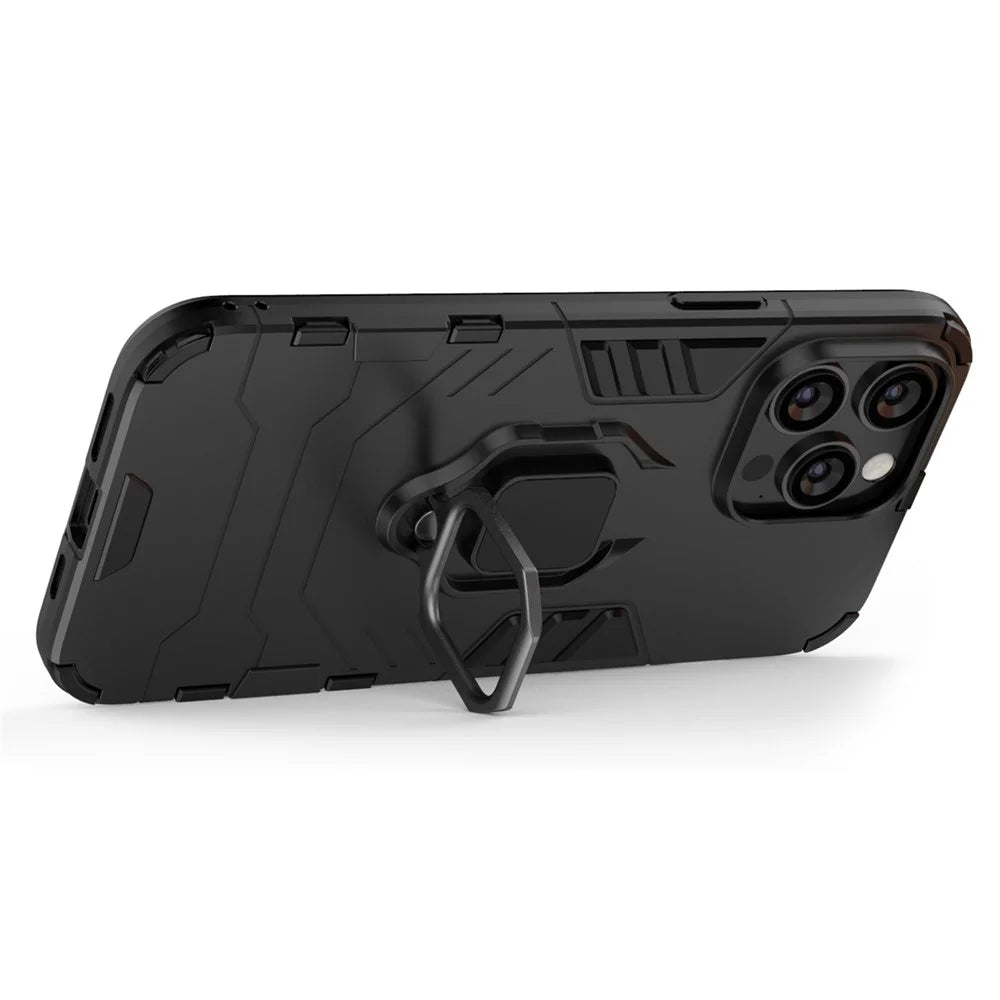 For iPhone 14 Pro Max 6.7 inch Anti-drop Soft TPU + Hard PC Hybrid Case Shockproof Phone Cover with Ring Kickstand - Black - 2