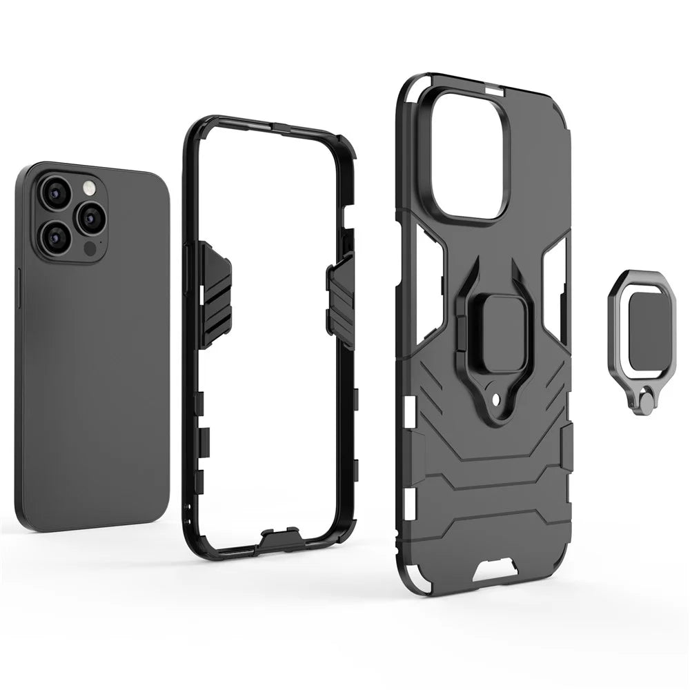 For iPhone 14 Pro Max 6.7 inch Anti-drop Soft TPU + Hard PC Hybrid Case Shockproof Phone Cover with Ring Kickstand - Black - 3