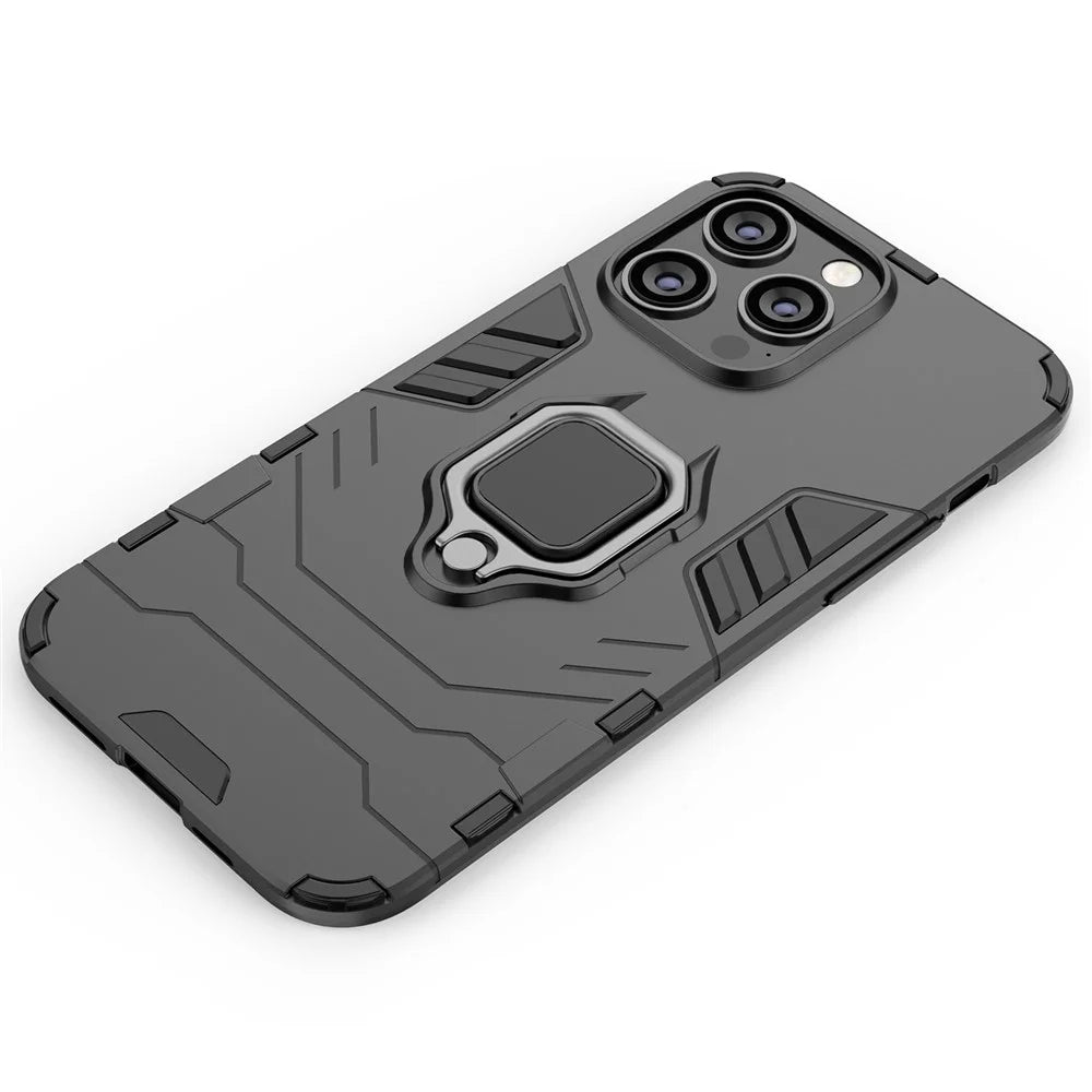 For iPhone 14 Pro Max 6.7 inch Anti-drop Soft TPU + Hard PC Hybrid Case Shockproof Phone Cover with Ring Kickstand - Black - 4