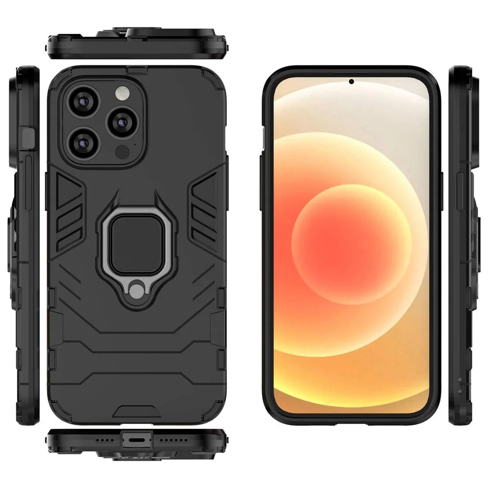 For iPhone 14 Pro Max 6.7 inch Anti-drop Soft TPU + Hard PC Hybrid Case Shockproof Phone Cover with Ring Kickstand - Black - 6