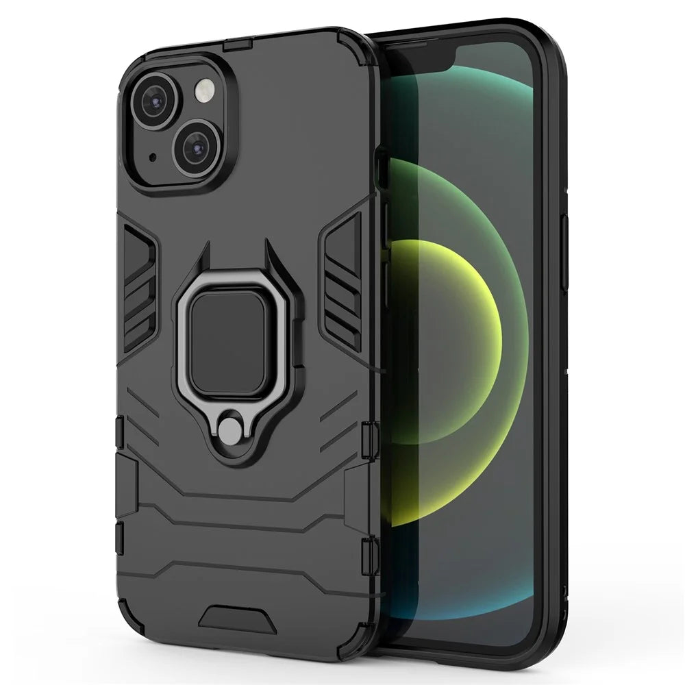 For iPhone 14 6.1 inch Anti-fall Phone Case Ring Kickstand Sturdy Shockproof Flexible TPU + Hard PC Back Cover - Black - 1