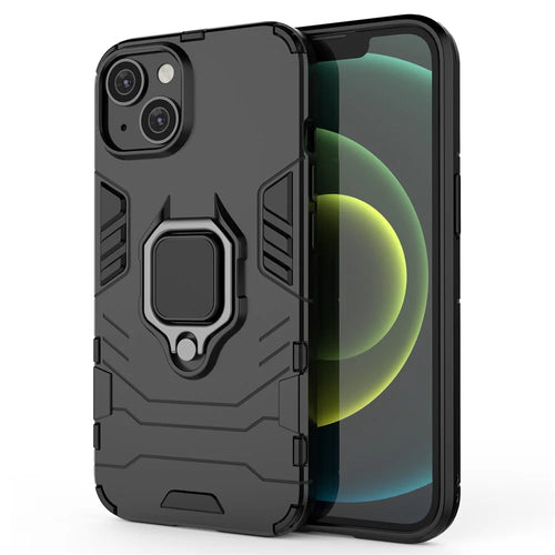 For iPhone 14 6.1 inch Anti-fall Phone Case Ring Kickstand Sturdy Shockproof Flexible TPU + Hard PC Back Cover - Black - 1