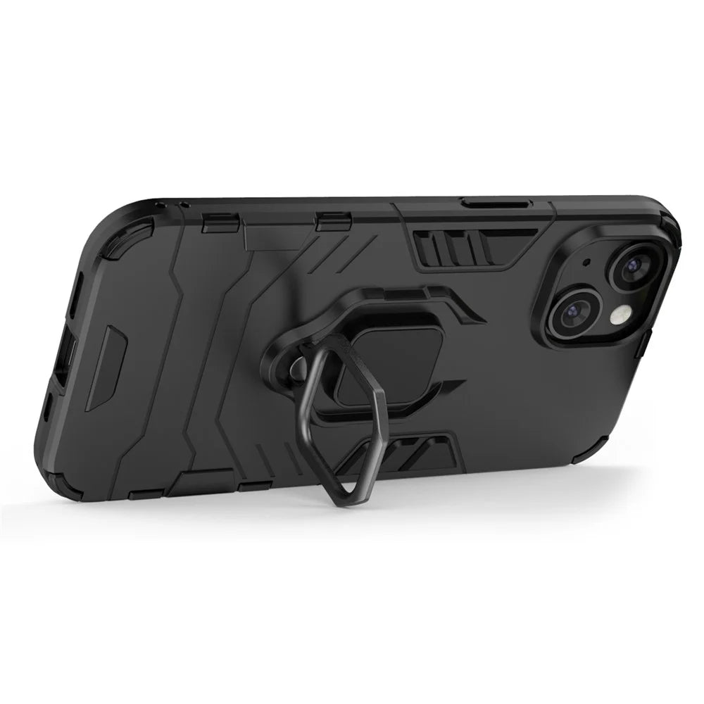 For iPhone 14 6.1 inch Anti-fall Phone Case Ring Kickstand Sturdy Shockproof Flexible TPU + Hard PC Back Cover - Black - 2