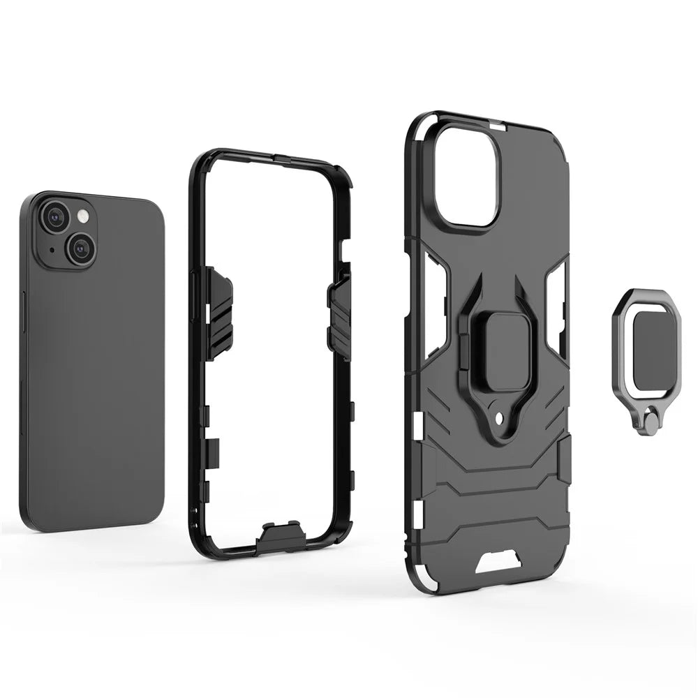 For iPhone 14 6.1 inch Anti-fall Phone Case Ring Kickstand Sturdy Shockproof Flexible TPU + Hard PC Back Cover - Black - 3