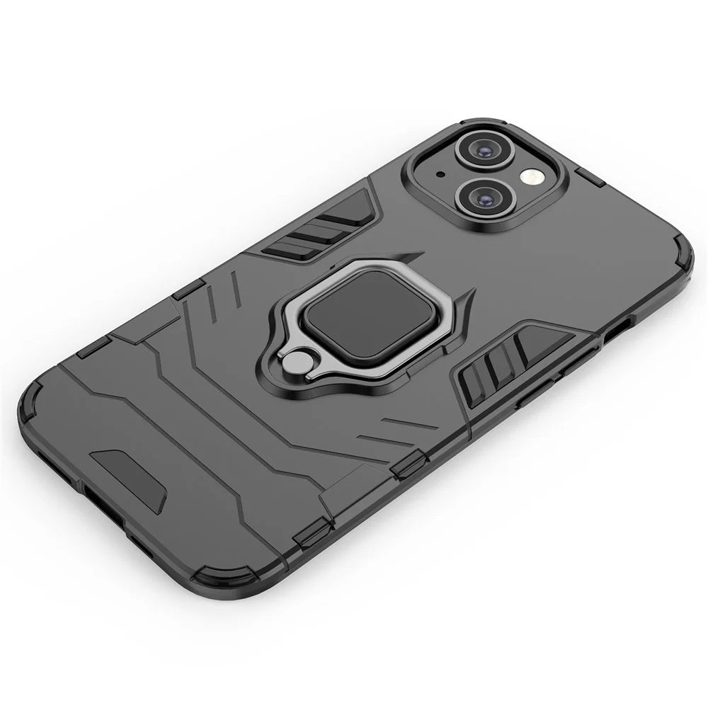 For iPhone 14 6.1 inch Anti-fall Phone Case Ring Kickstand Sturdy Shockproof Flexible TPU + Hard PC Back Cover - Black - 4