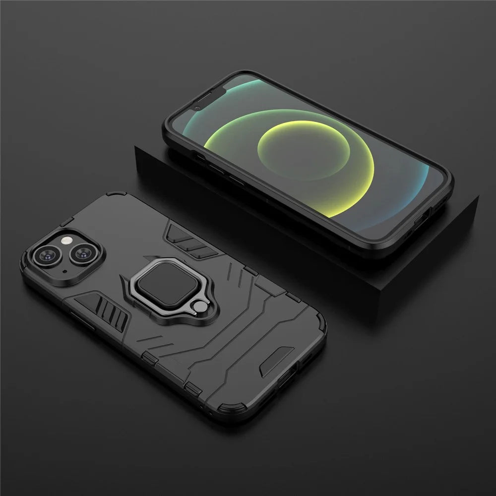 For iPhone 14 6.1 inch Anti-fall Phone Case Ring Kickstand Sturdy Shockproof Flexible TPU + Hard PC Back Cover - Black - 5