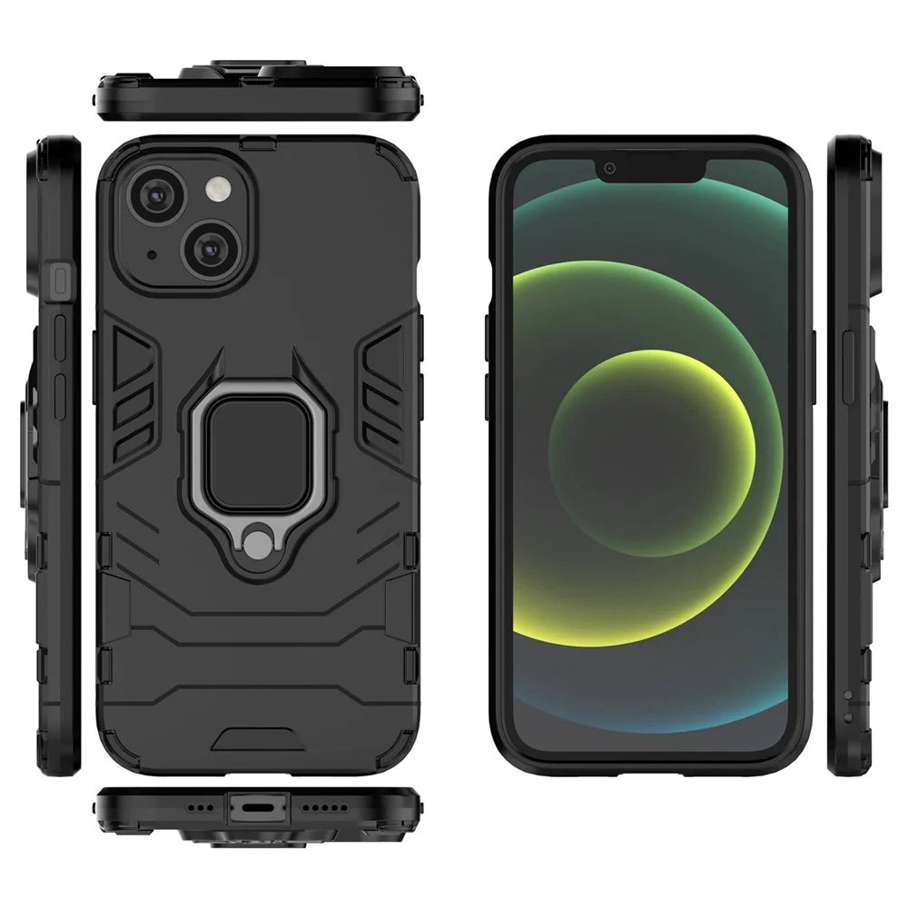 For iPhone 14 6.1 inch Anti-fall Phone Case Ring Kickstand Sturdy Shockproof Flexible TPU + Hard PC Back Cover - Black - 6